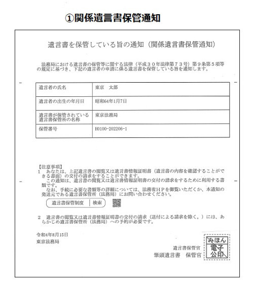 遺言書　関係遺言書保管通知